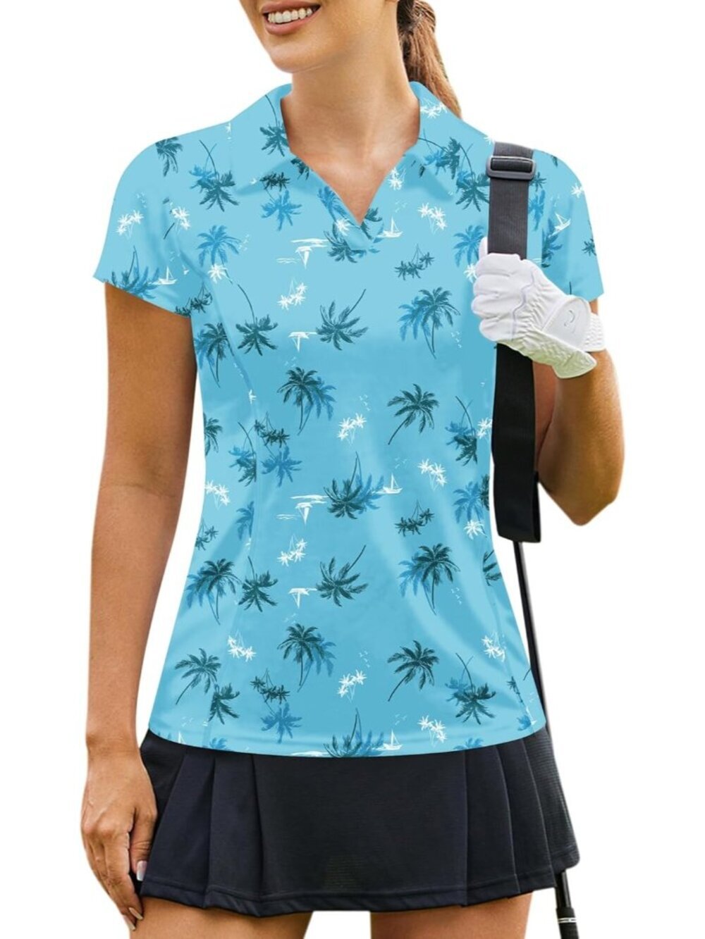 Women's Turquoise Coconut Tree Golf Shirt Short Sleeve Quick Dry V-Neck Tops